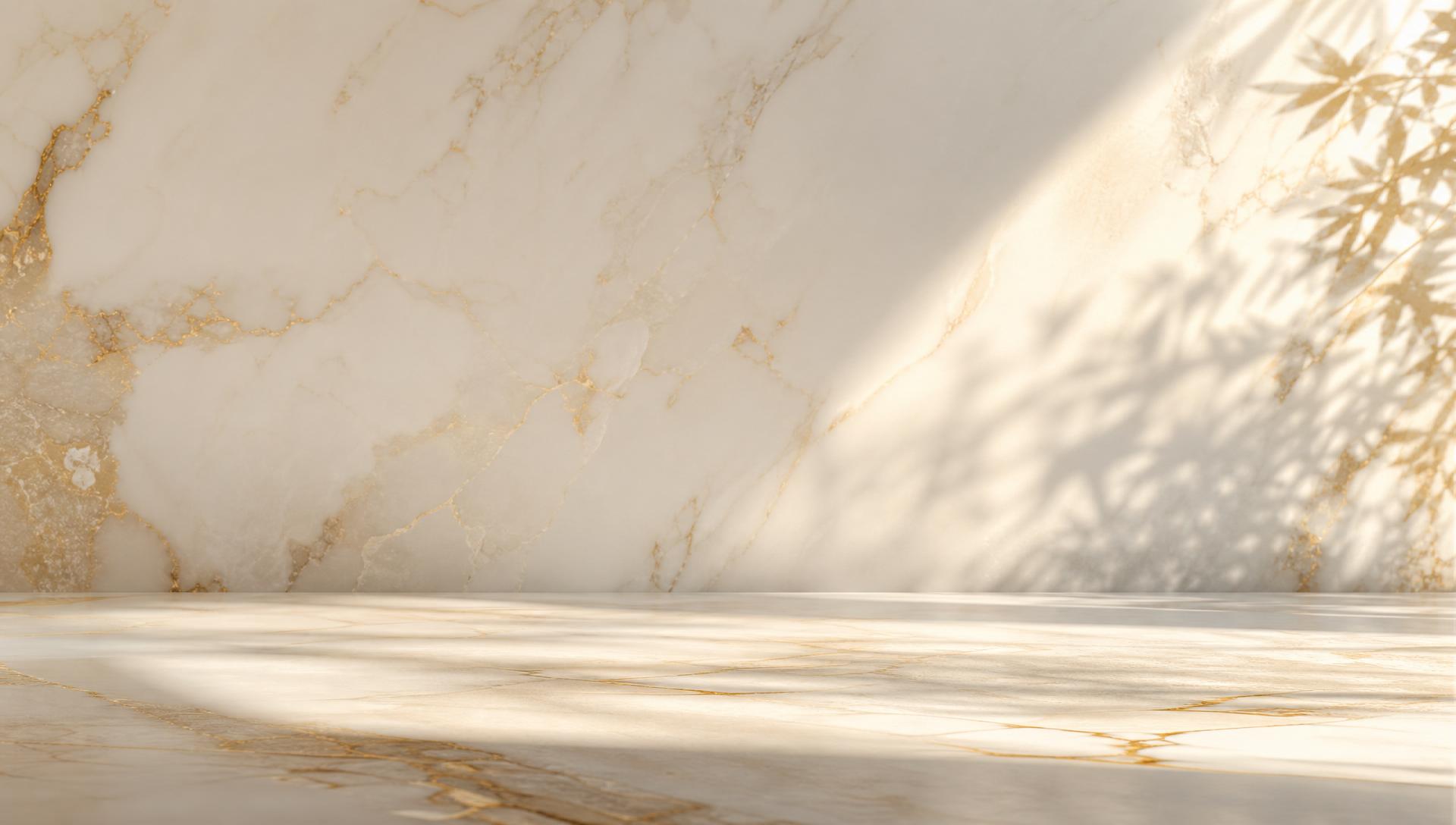 Warm light across pale marble with gold veins